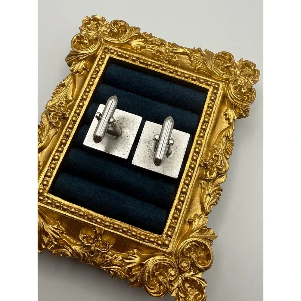 Swank Cufflinks OS Vintage Silver Tone Geometric Greek Key Art Deco Square MCM